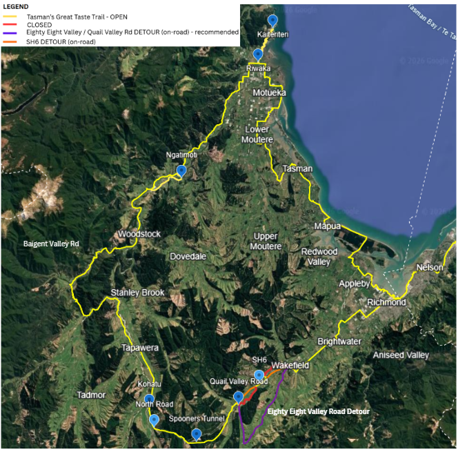 Update 12 August 2026 - 95% of the trail is open.  Motueka Valley Westbank Road - notice of partial closure from 3 Aug for 4 weeks 